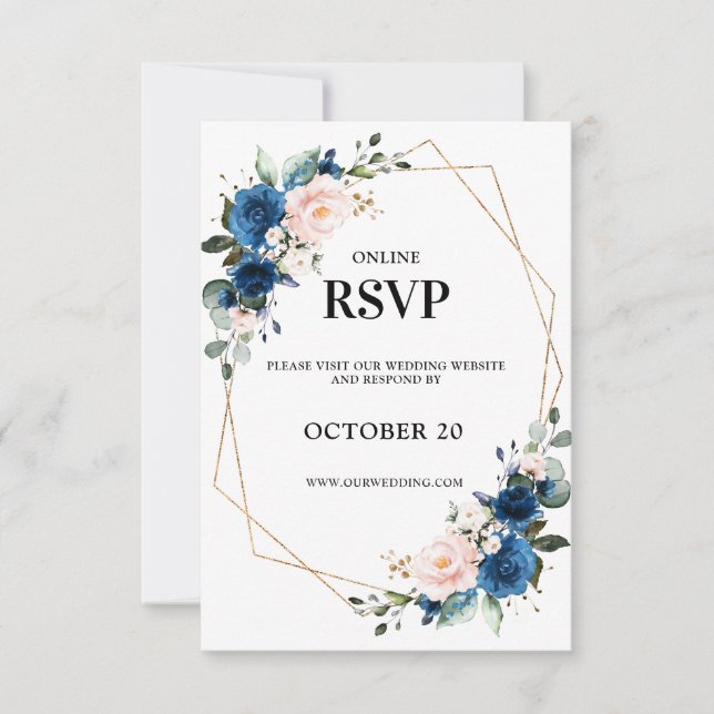 Romantic Navy blue Blush Pink Floral Geometric RSVP Card (Front)
