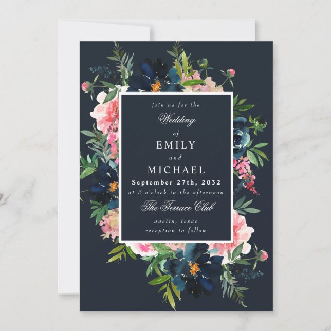 Romantic Navy Blue Blush Pink Floral Invitation (Front)