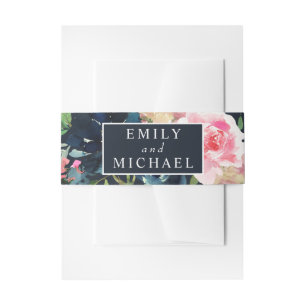 Romantic Navy Blue Blush Pink Floral Invitation Belly Band