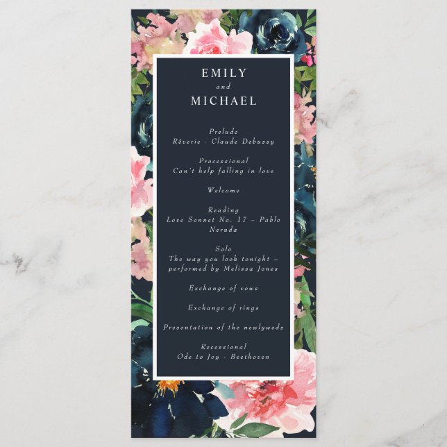 Romantic Navy Blue Blush Pink Floral Programme (Front)