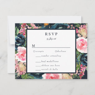 Romantic Navy Blue Blush Pink Floral RSVP Card