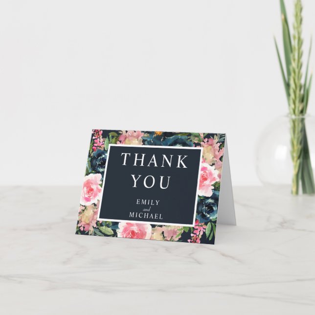 Romantic Navy Blue Blush Pink Floral Thank You Card (Front)
