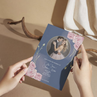 Romantic Navy Blue & Blush Pink Wedding Invitation