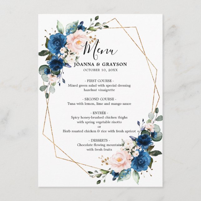 Romantic Navy Blue Blush Rose Floral Geometric Menu (Front)