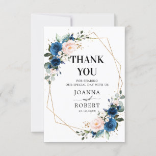 Romantic Navy Blue Blush Rose Floral Geometric Thank You Card