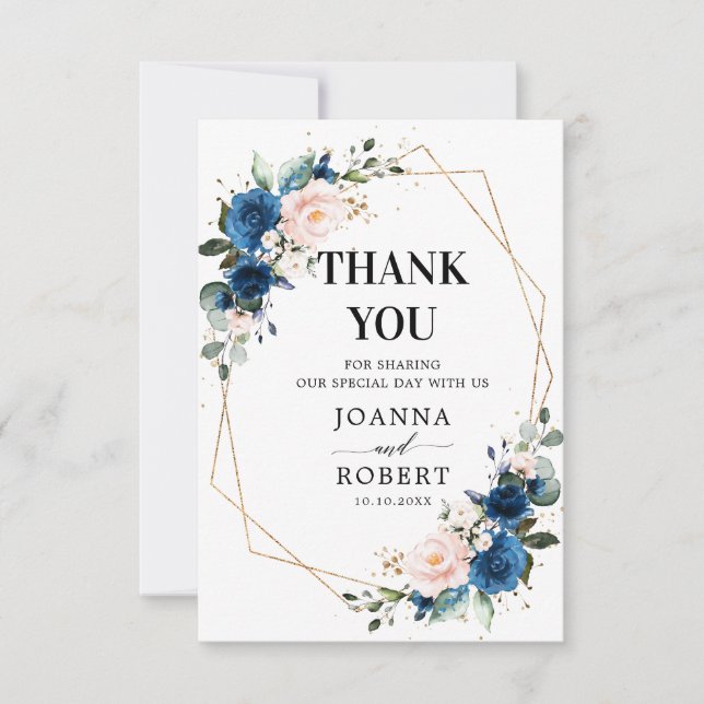 Romantic Navy Blue Blush Rose Floral Geometric Thank You Card (Front)