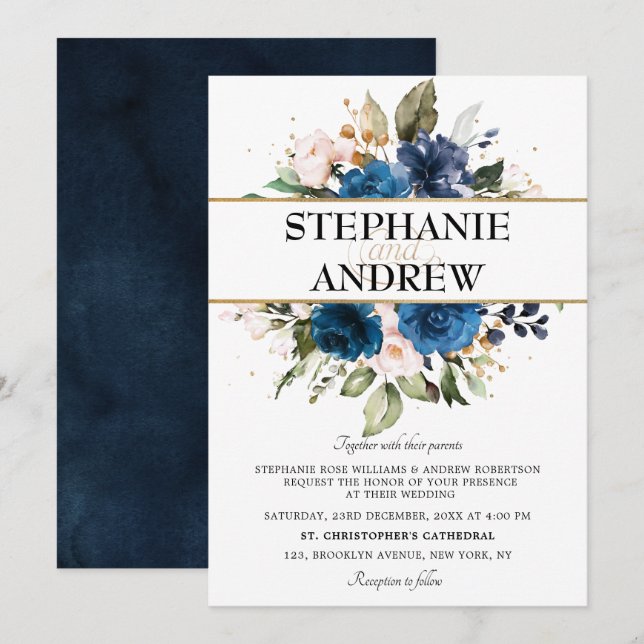 Romantic Navy Blue Blush Rose Floral Wedding Invitation (Front/Back)