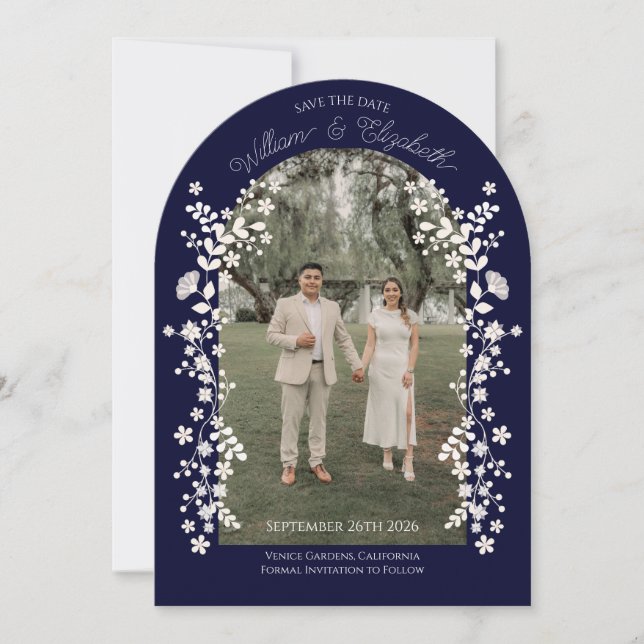 Romantic Navy Blue Floral Arch Save the Date Invitation (Front)