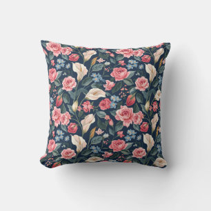 Romantic Navy Blue Floral Garden Pattern Cushion