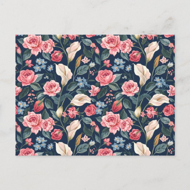 Romantic Navy Blue Floral Garden Pattern Postcard (Front)