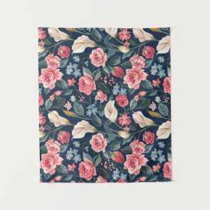 Romantic Navy Blue Floral Garden Pattern Tapestry