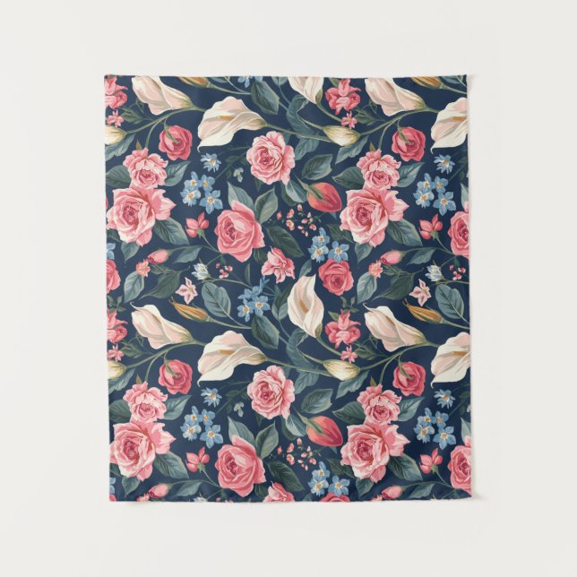 Romantic Navy Blue Floral Garden Pattern Tapestry (Front)