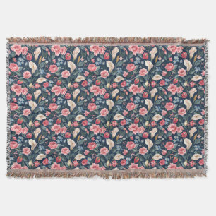 Romantic Navy Blue Floral Garden Pattern Throw Blanket