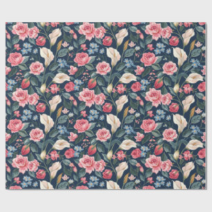 Romantic Navy Blue Floral Garden Pattern Wrapping Paper