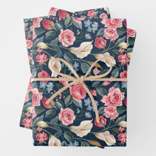 Romantic Navy Blue Floral Garden Pattern Wrapping Paper Sheet