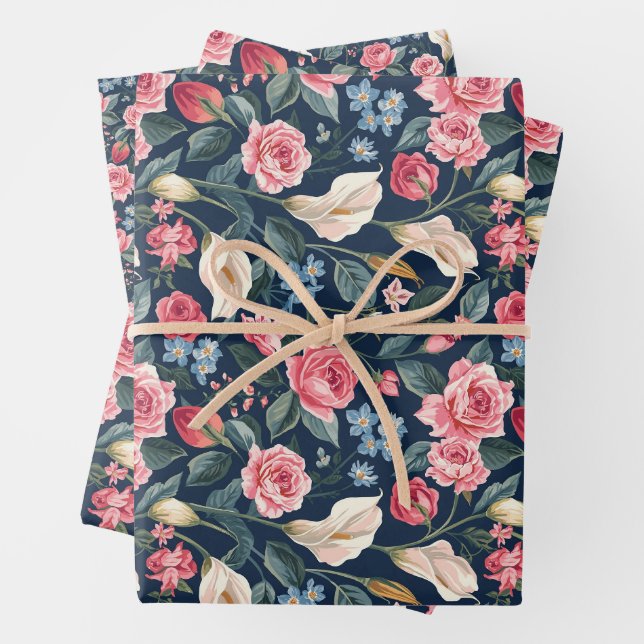 Romantic Navy Blue Floral Garden Pattern Wrapping Paper Sheet (In situ)