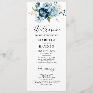 Romantic Navy Blue Floral Wedding Flat Program Programme