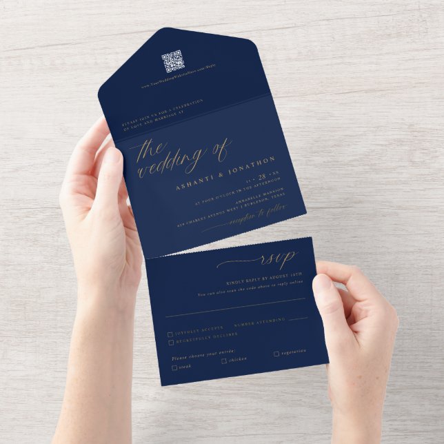 Romantic Navy Blue Gold Delicate Script Wedding All In One Invitation (Tearaway)