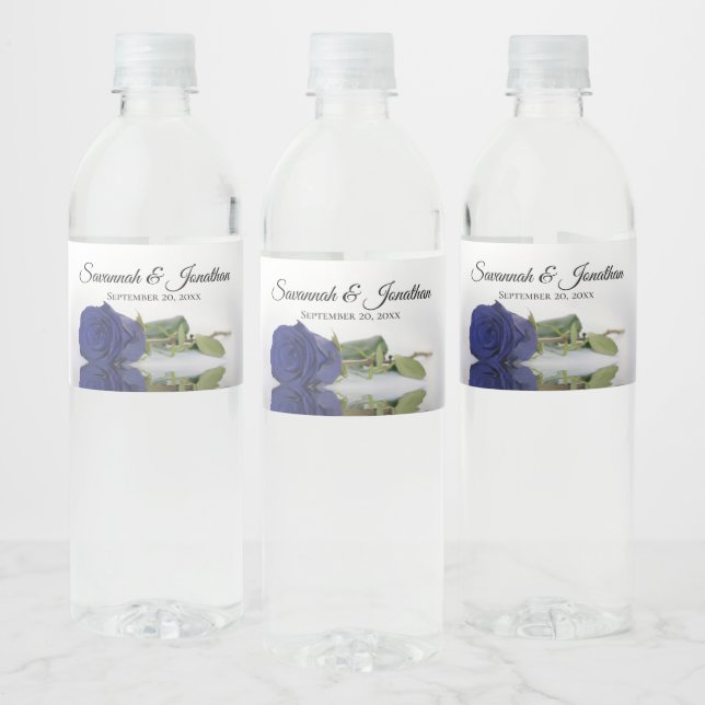 Romantic Navy Blue Rose Elegant Wedding Water Bottle Label (Bottles)