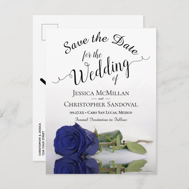 Romantic Navy Blue Rose Wedding Save the Date Announcement Postcard (Front/Back)
