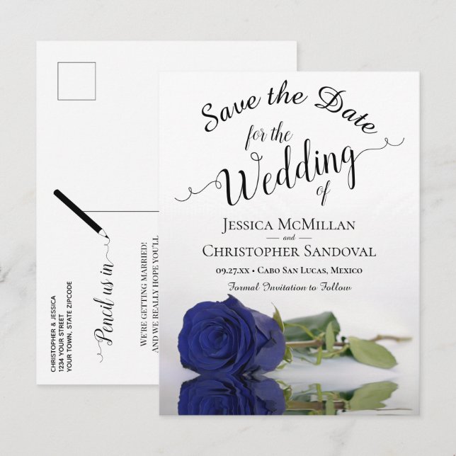 Romantic Navy Blue Rose Wedding Save the Date Announcement Postcard (Front/Back)