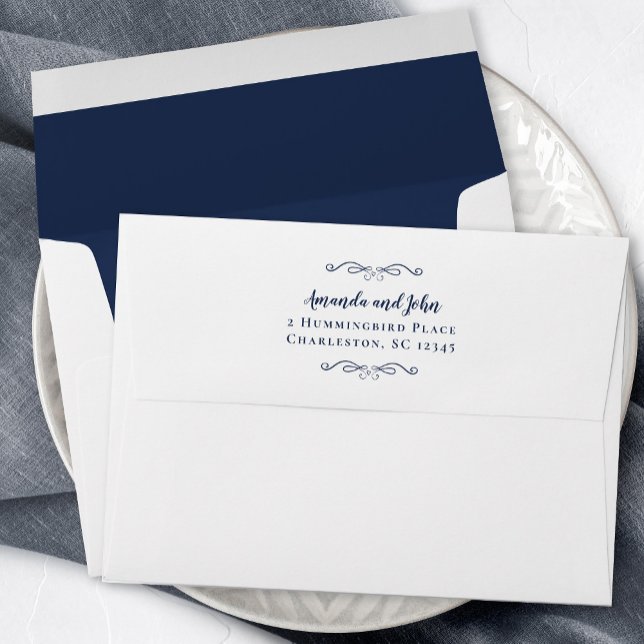 Romantic Navy Blue Script Return Address Wedding Envelope (Romantic Navy Blue Script Return Address Wedding Envelope)