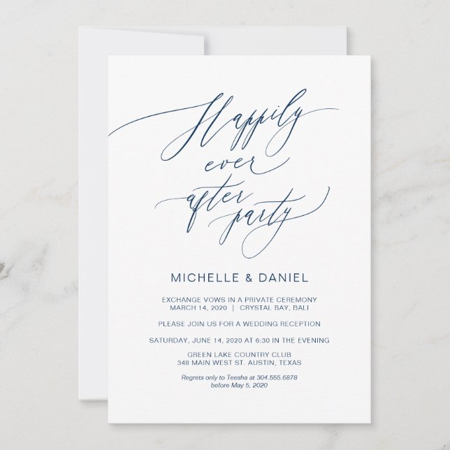 Romantic Navy Blue Script, Wedding Elopement Invitation (Front)