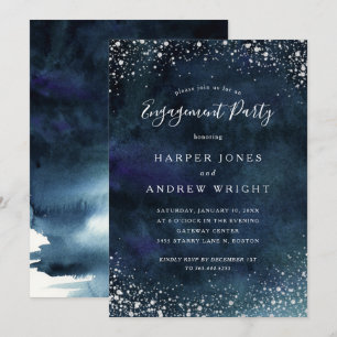 Romantic Navy Blue Silver Engagement Party Invitation