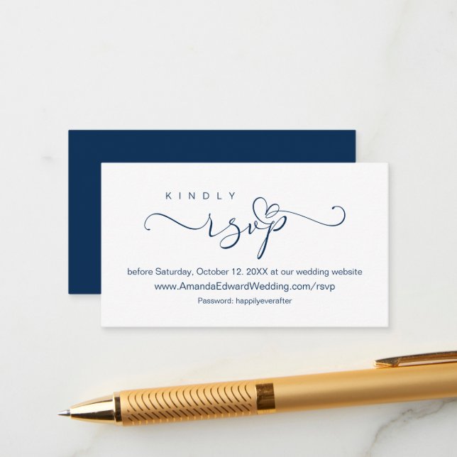 Romantic, Navy Blue, Wedding Online RSVP, reminder Enclosure Card (Front/Back In Situ)