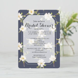 Romantic Navy Blue White Floral Bridal shower Invitation