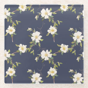 Romantic Navy Blue White Floral Wedding Glass Coaster