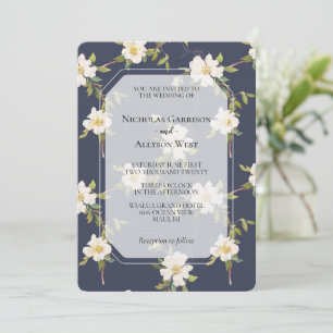 Romantic Navy Blue White Floral Wedding Invitation