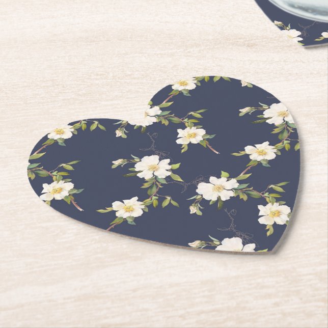 Romantic Navy Blue White Floral Wedding Paper Coaster (Angled)