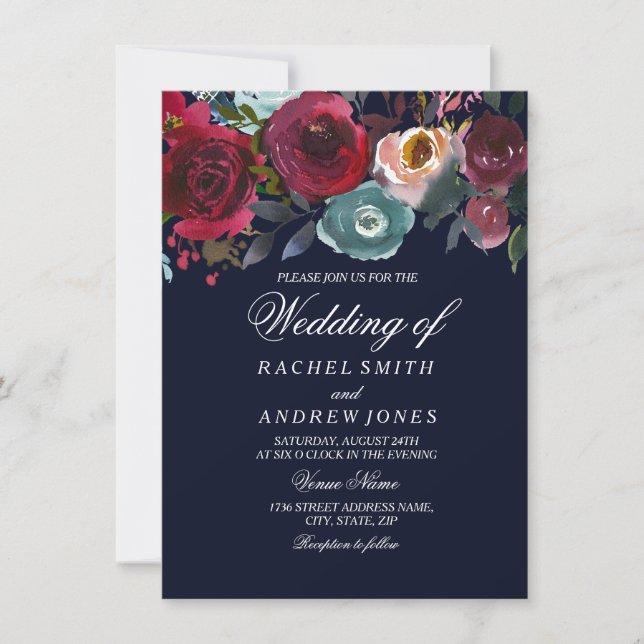 Romantic Navy Burgundy Floral Wedding Invitation (Front)