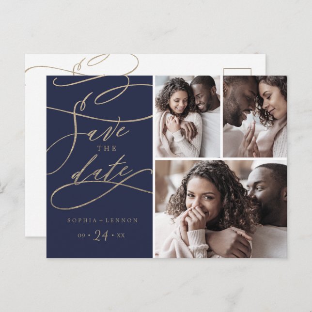 Romantic Navy Calligraphy 3 Photo Save the Date Invitation Postcard (Front/Back)