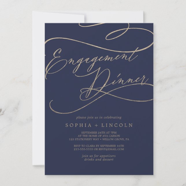 Romantic Navy Calligraphy Engagement Dinner Invitation (Front)