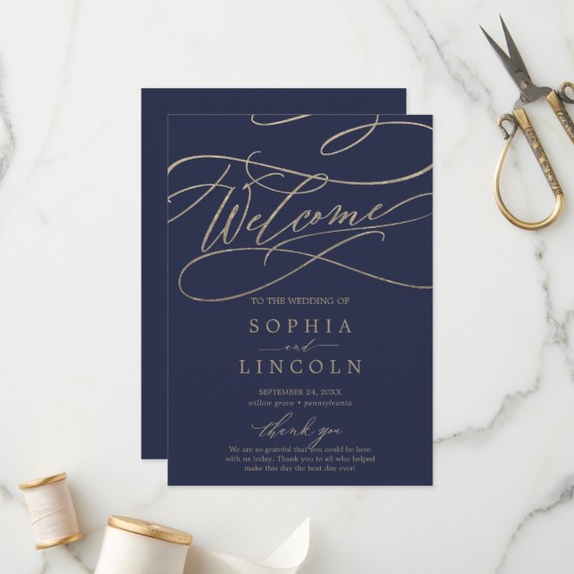 Romantic Navy Calligraphy Flat Wedding Program Programme (Front/Back In Situ)
