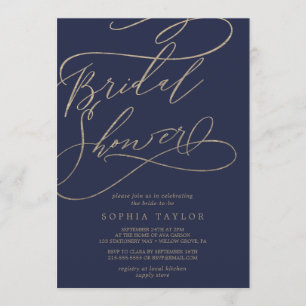 Romantic Navy Calligraphy Flourish Bridal Shower Invitation