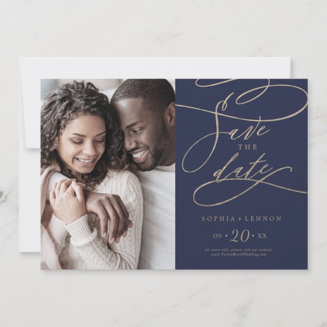 Romantic Navy Calligraphy Photo Save The Date (Front)