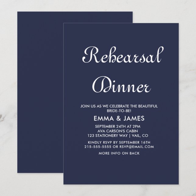 Romantic Navy Calligraphy Rehearsal Dinner  Invitation (Front/Back)