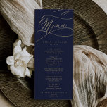 Romantic Navy Calligraphy Wedding Dinner Menu<br><div class="desc">This romantic navy calligraphy wedding dinner menu card is perfect for a simple wedding. The modern classic design features fancy swirls and whimsical flourishes with gorgeous elegant hand lettered faux champagne gold foil typography. This menu can be used for a wedding reception, rehearsal dinner, or any event. Please Note: This...</div>