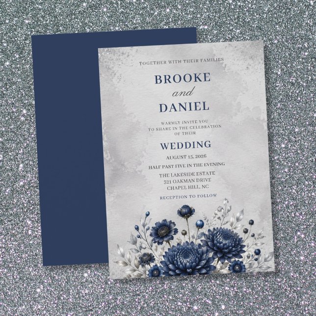 Romantic Navy Chrysanthemum Scabiosa Wedding Invitation (Creator Uploaded)
