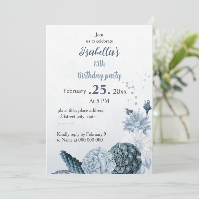 Romantic navy dusty blue flowers birthday invitation (Standing Front)