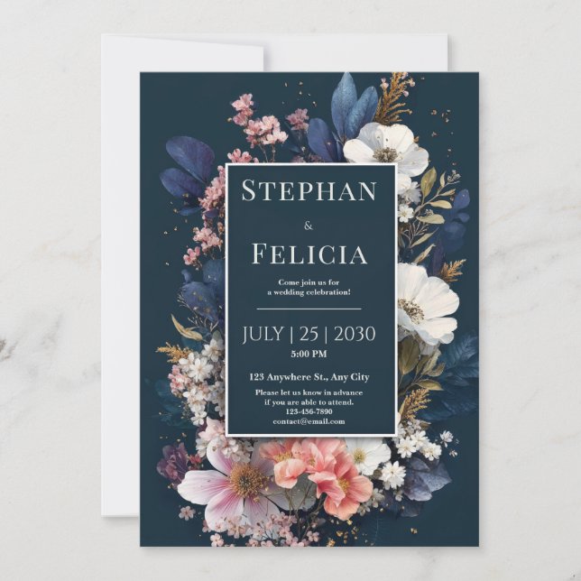 Romantic Navy Floral Wedding  Invitation (Front)