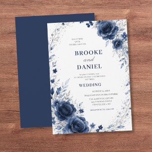 Romantic Navy Floral Wreath Silver Glitter Wedding Invitation