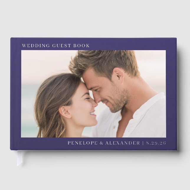 Romantic Navy Minimalist Photo Guest Book (Front)