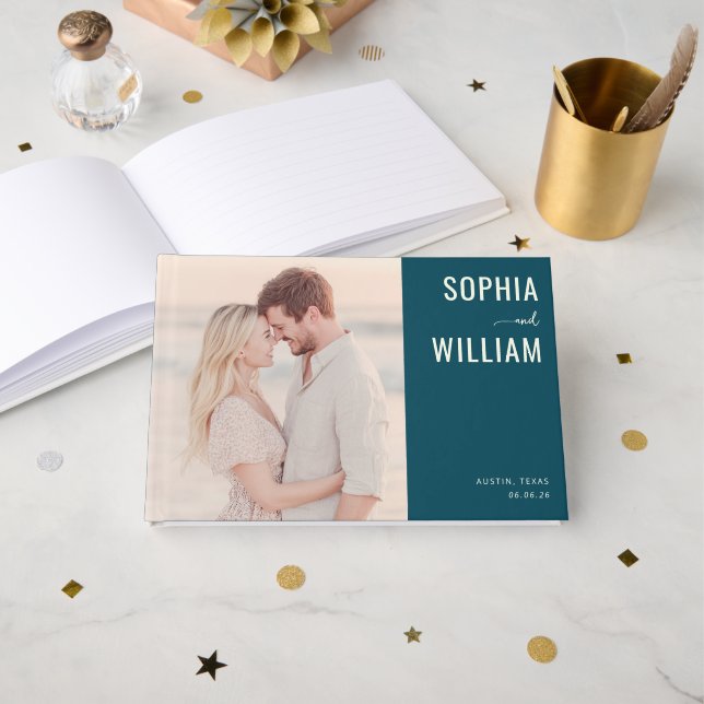 Romantic Navy Modern Photo Guest Book (Front Open)