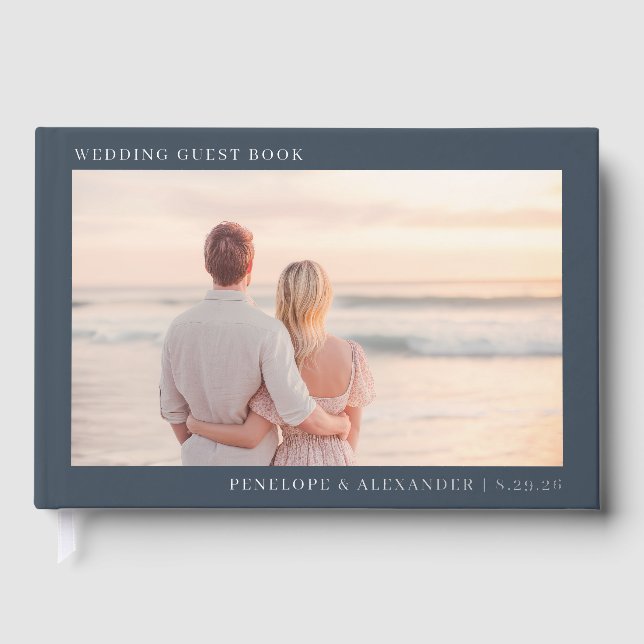 Romantic Navy Modern Photo Guest Book (Front)