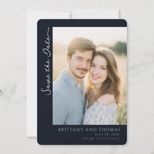 Romantic Navy Photo Save The Date (Front)