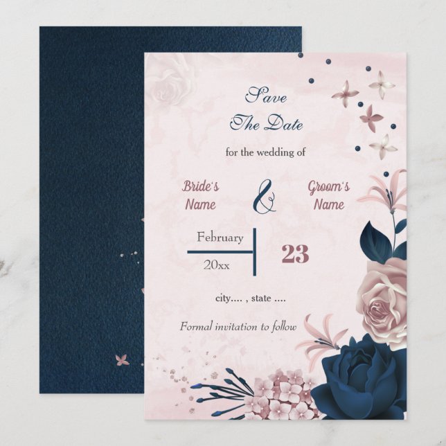 Romantic Navy & pink flowers Save The Date (Front/Back)